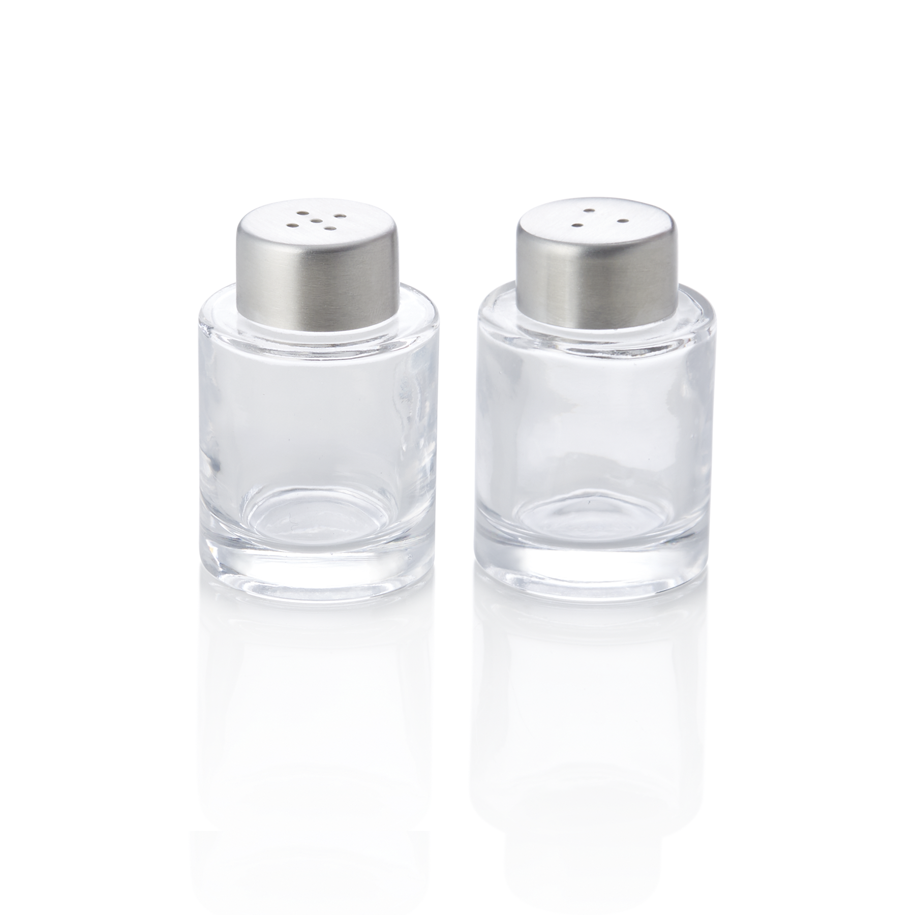 Mini ensemble de salières et poivrières, diamètre 4 cm, hauteur 6 cm, acier inoxydable 18/8, verre