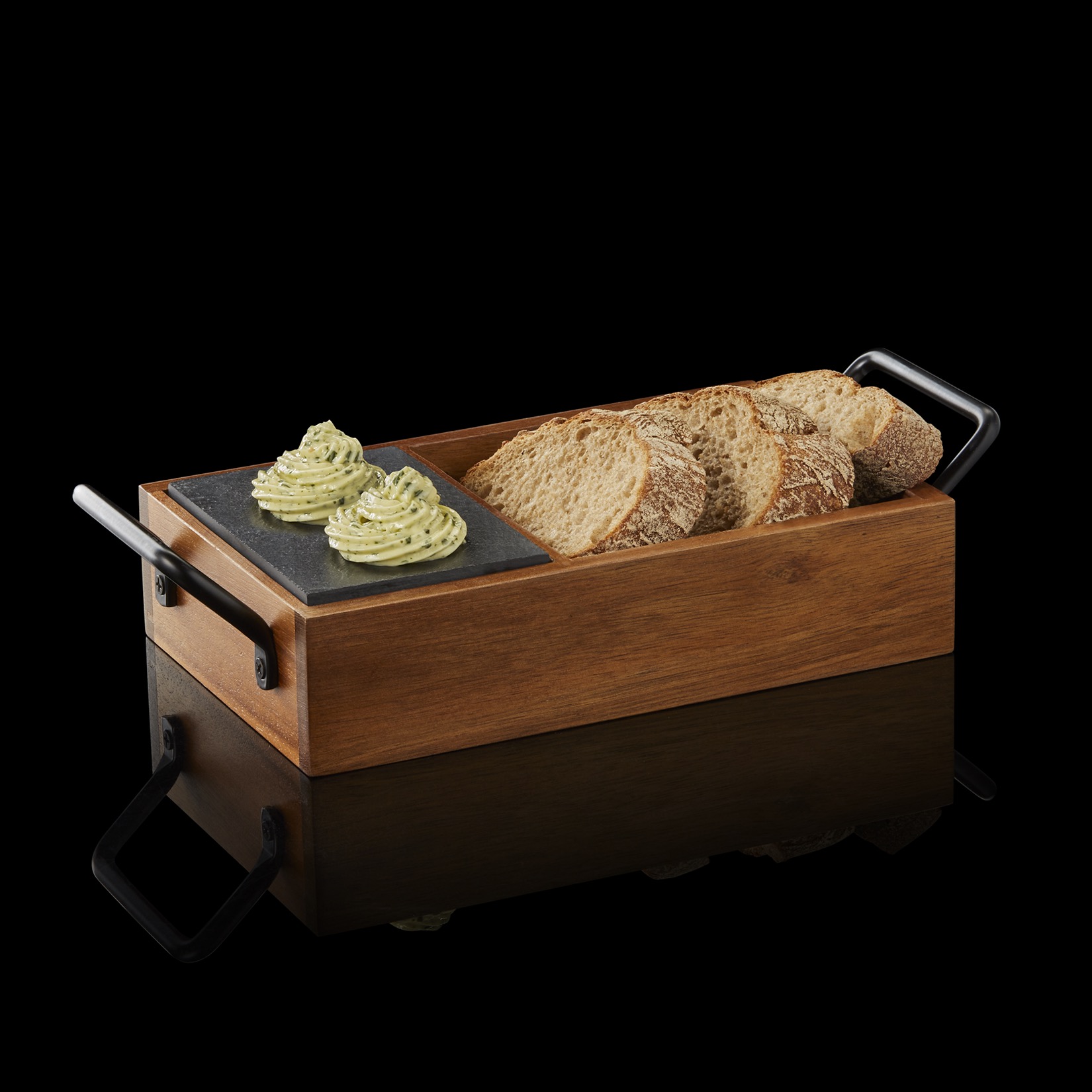 Naturschieferplatten Set SLATE & SERVE, 24 x 15 x 5,5 cm, 3 Schieferplatten und Brot- und Butterkorb, Akazienholz, Naturschiefer