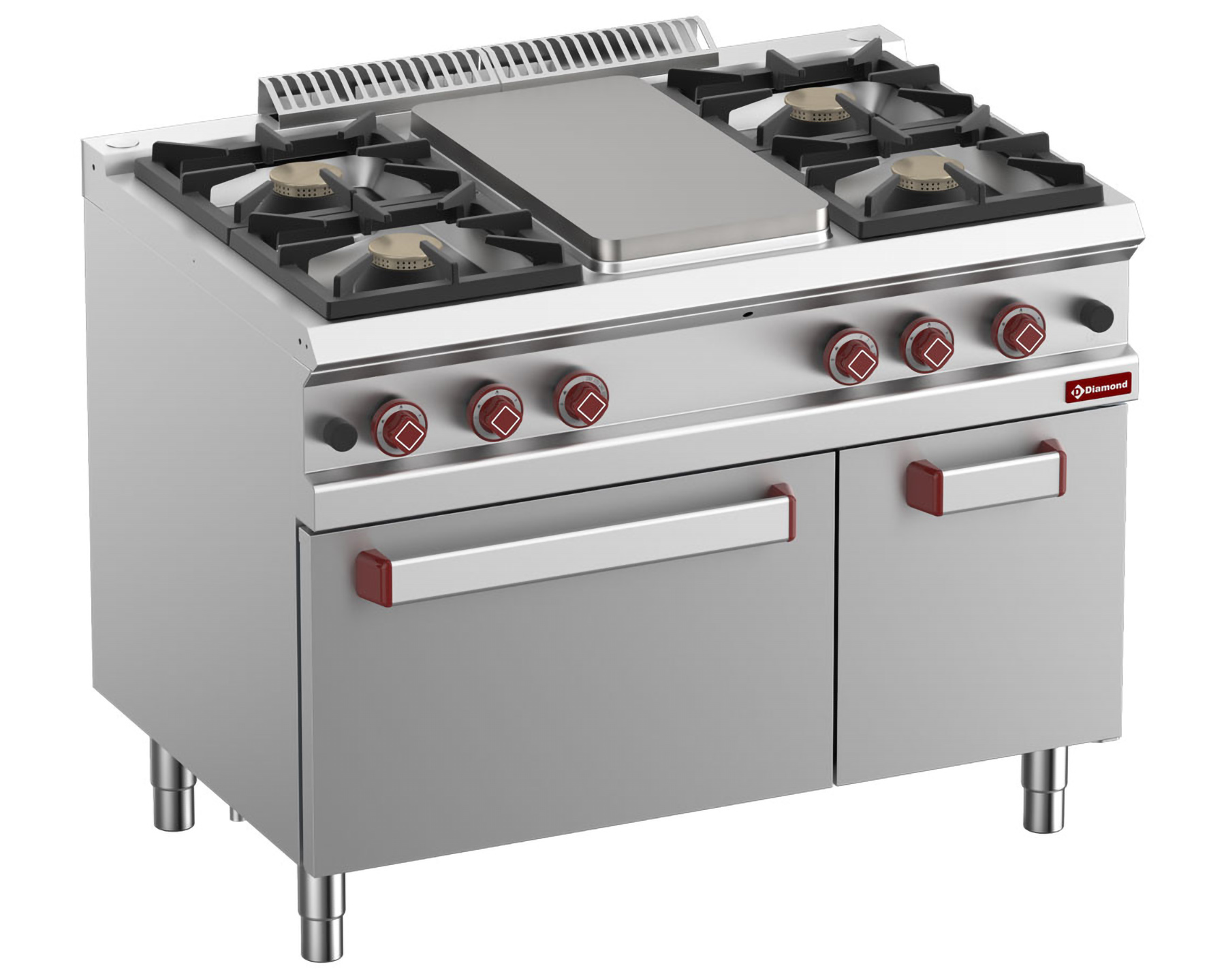 Cuisinière gaz 4 feux - Plaque mijoteuse et four gaz 2/1GN - Meuble 1/1GN