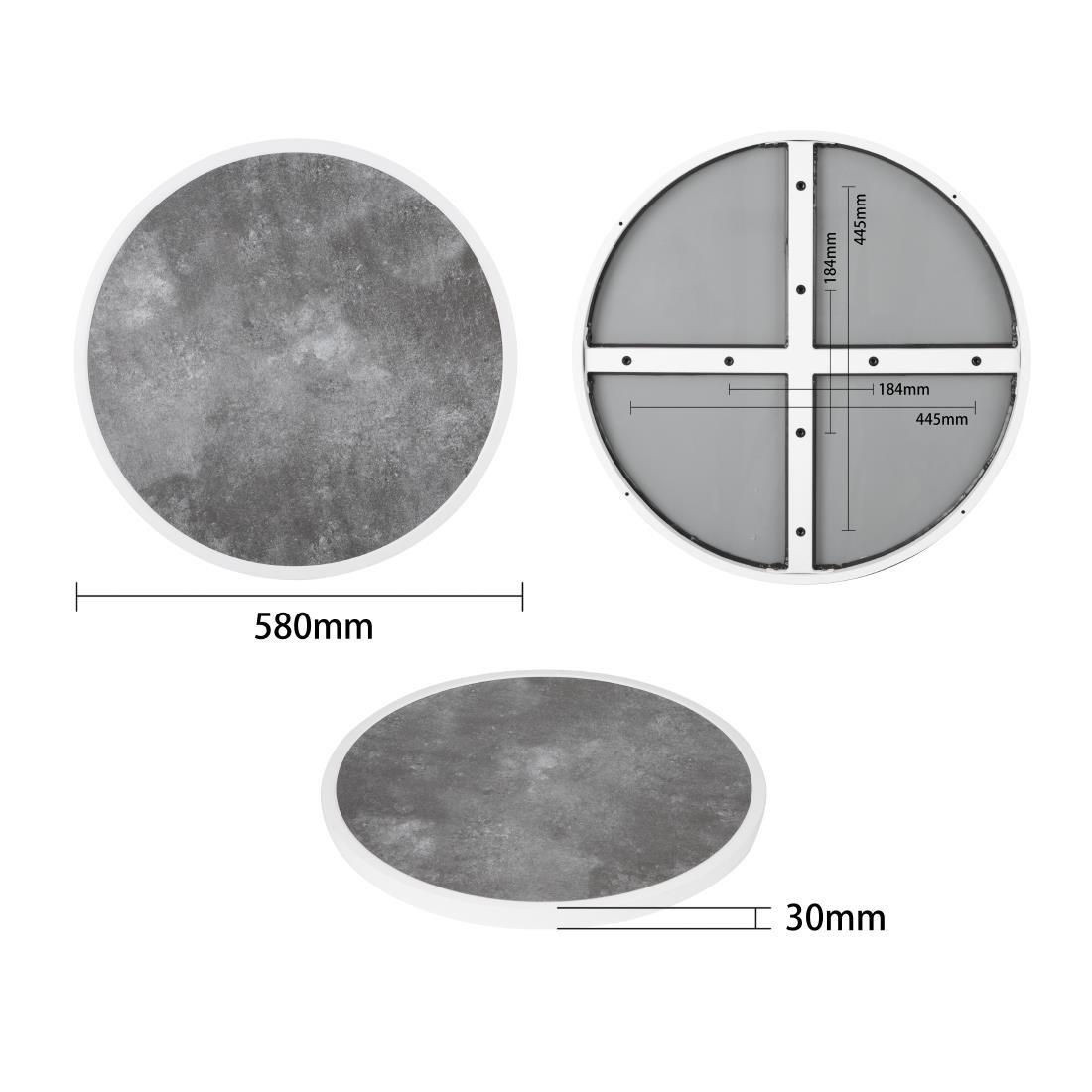 Plateau de table extérieur rond en verre trempé Bolero effet pierre foncée bord blanc 580mm