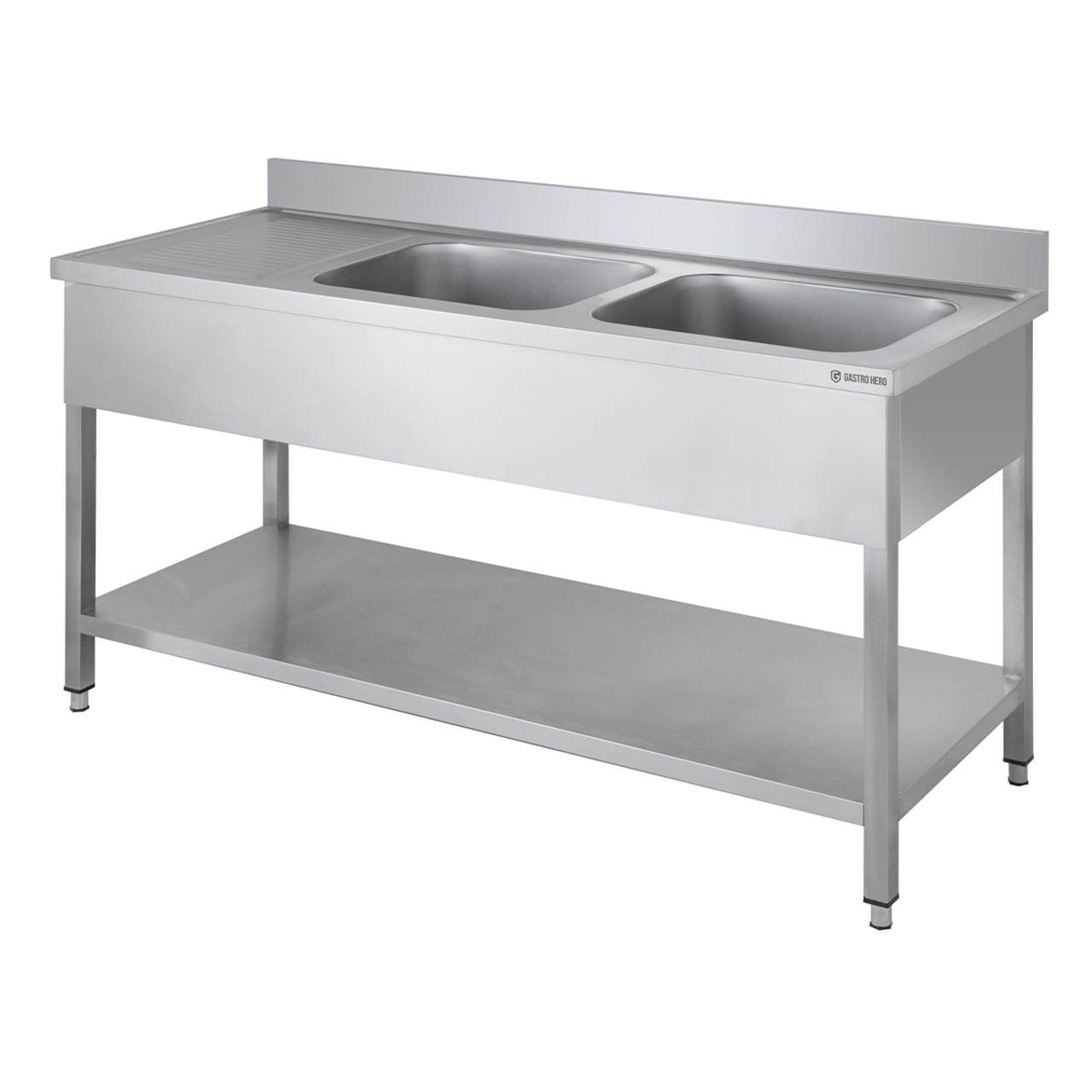 Spültisch Basic 16x6 mit 2 Becken rechts, Aufkantung und Grundboden