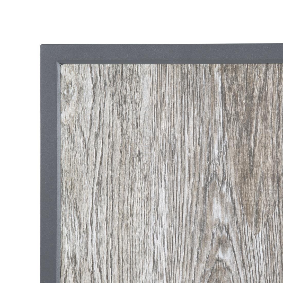 Plateau de table extérieur carré en verre trempé Bolero effet grain de bois bord gris 700 mm