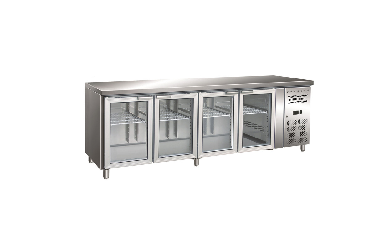 Table de travail réfrigérée GN en acier inoxydable Gastro-Inox avec 4 portes vitrées, refroidissement forcé
