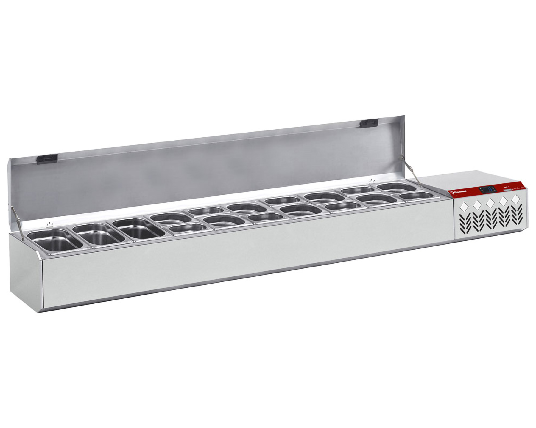 Opzetkoelvitrine met RVS deksel 10x 1/4 + 1x1/9GN - 2260x324x(h)387/401mm