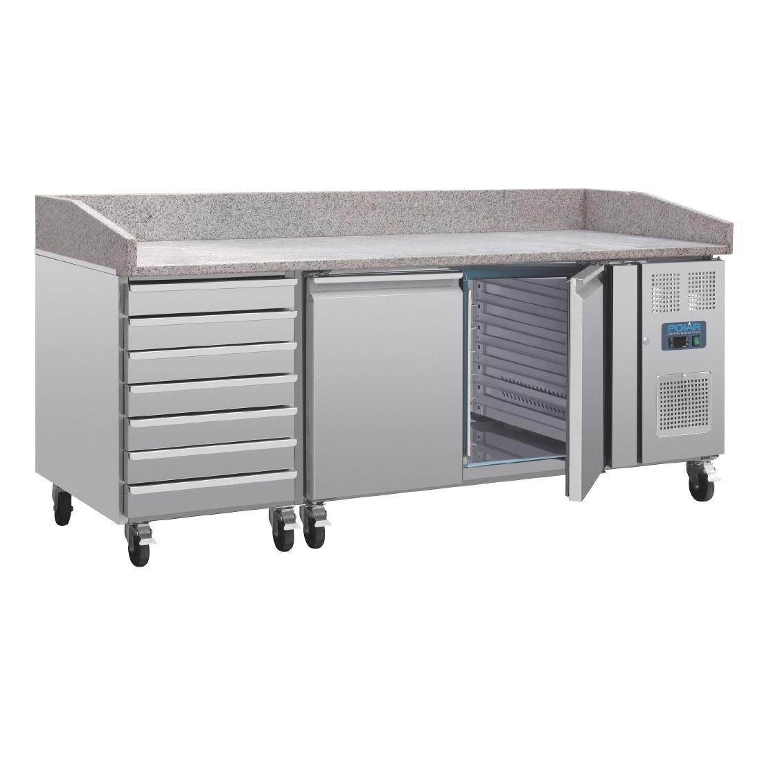 Polar U-Serie Dubbele Deur Pizzacounter met Granieten Blad en Deegladen 290Ltr