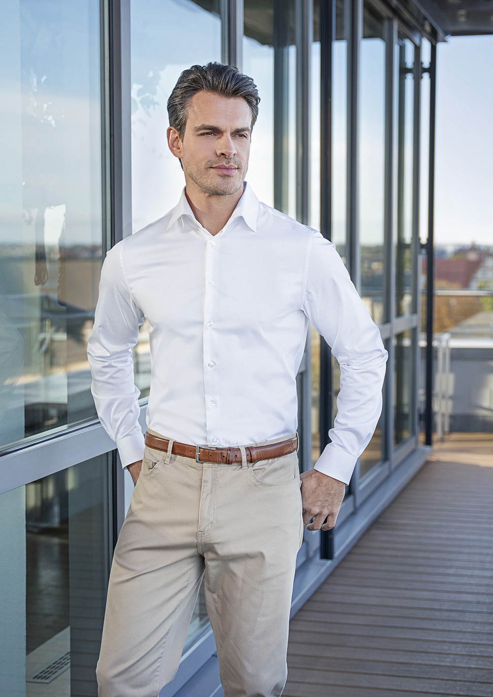 Langarm Herrenhemd Active-Stretch in Slim-Fit - Weiß - XS