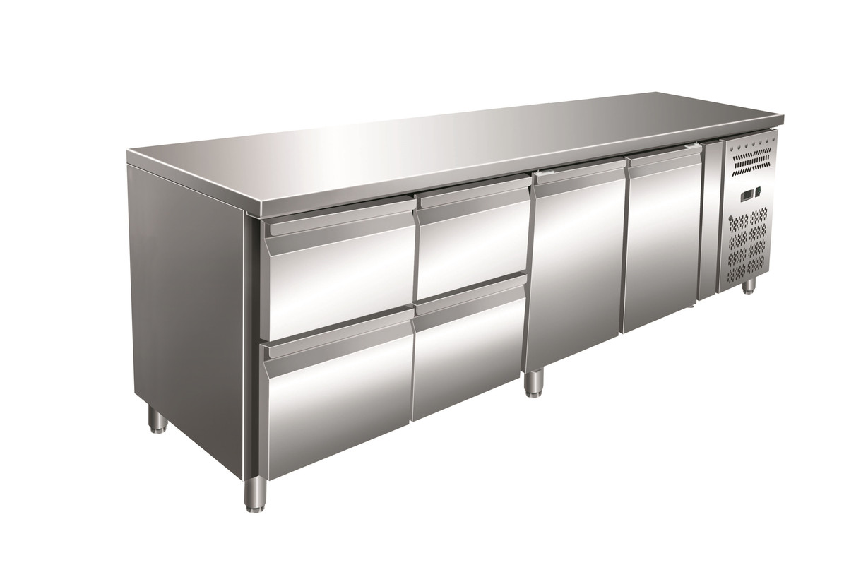 Gastro-Inox Edelstahl GN-Kühlwerkbank mit 2 Türen und 4 Schubladen, zwangsgekühlt