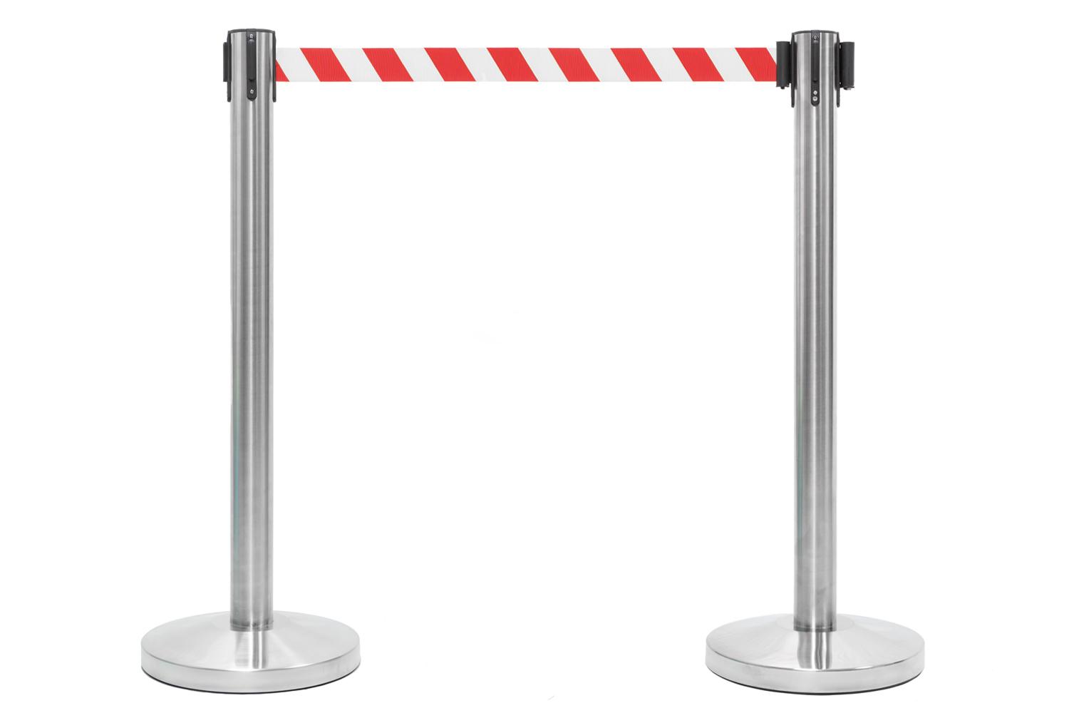 Poteau de File d'Attente - Brossé - Avec Cordon Rouge & Blanc 2000mm