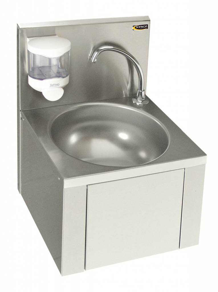 Edelstahl Handwaschbecken | Kniebedienung | Ohne Vormischhahn  | mit Seifenspender | 384x353x(h)524mm