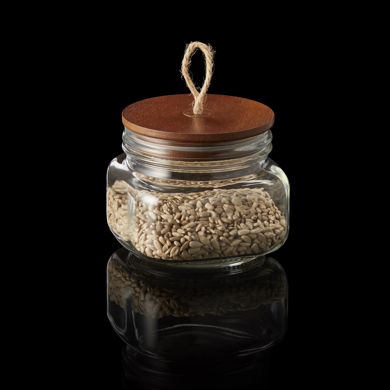 Voorratsglas met deksel van akaciahout en koord, 0,5 l, Ø 9 cm, hoogte 10 cm, glas, acaciahout