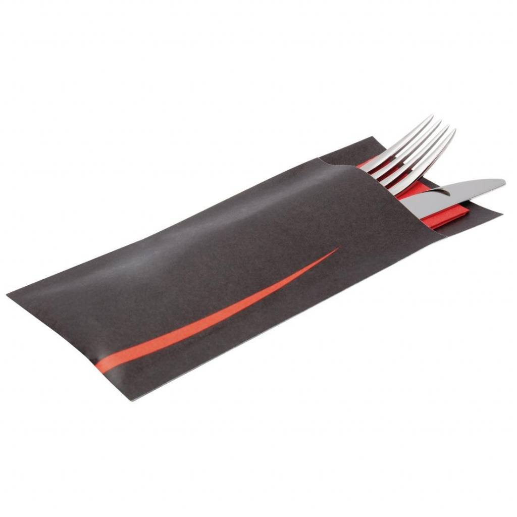 Bestekzakjes met servet | zwart-rood | 125 stuks