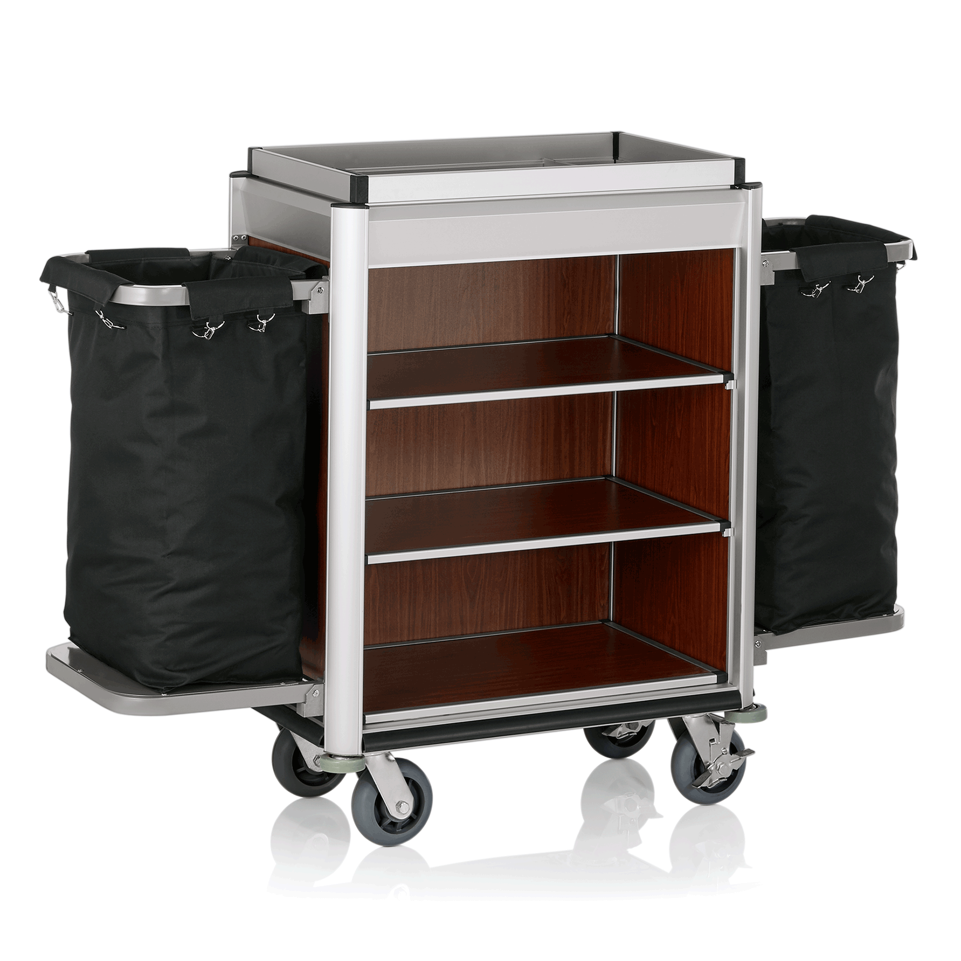 Kamerservicetrolley ISABELLA, 155 x 55 x 116 cm, lichte randen, donkere houtlook, aluminium, MDF, polyestervezelstof