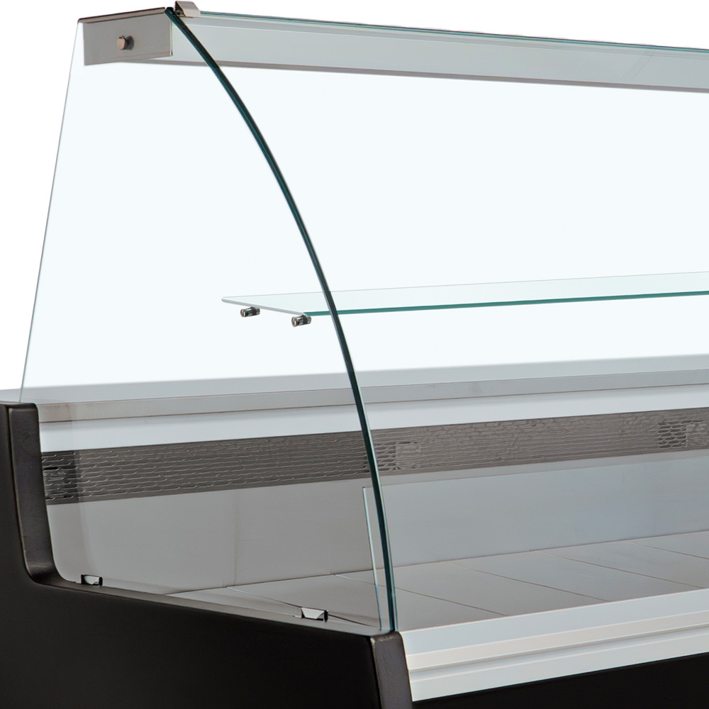 Gekühlte Verkaufstheke mit gebogener Frontscheibe, Umluft und Reservefach - SCHWARZ