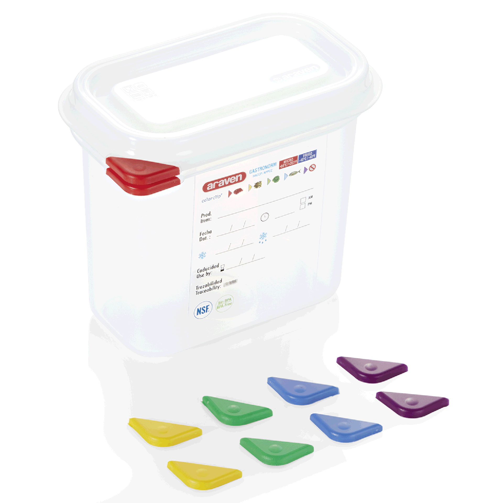 GN-containerset GN 86 1/9-150 mm, met deksel, met rode clip, set van 6 stuks, polypropyleen