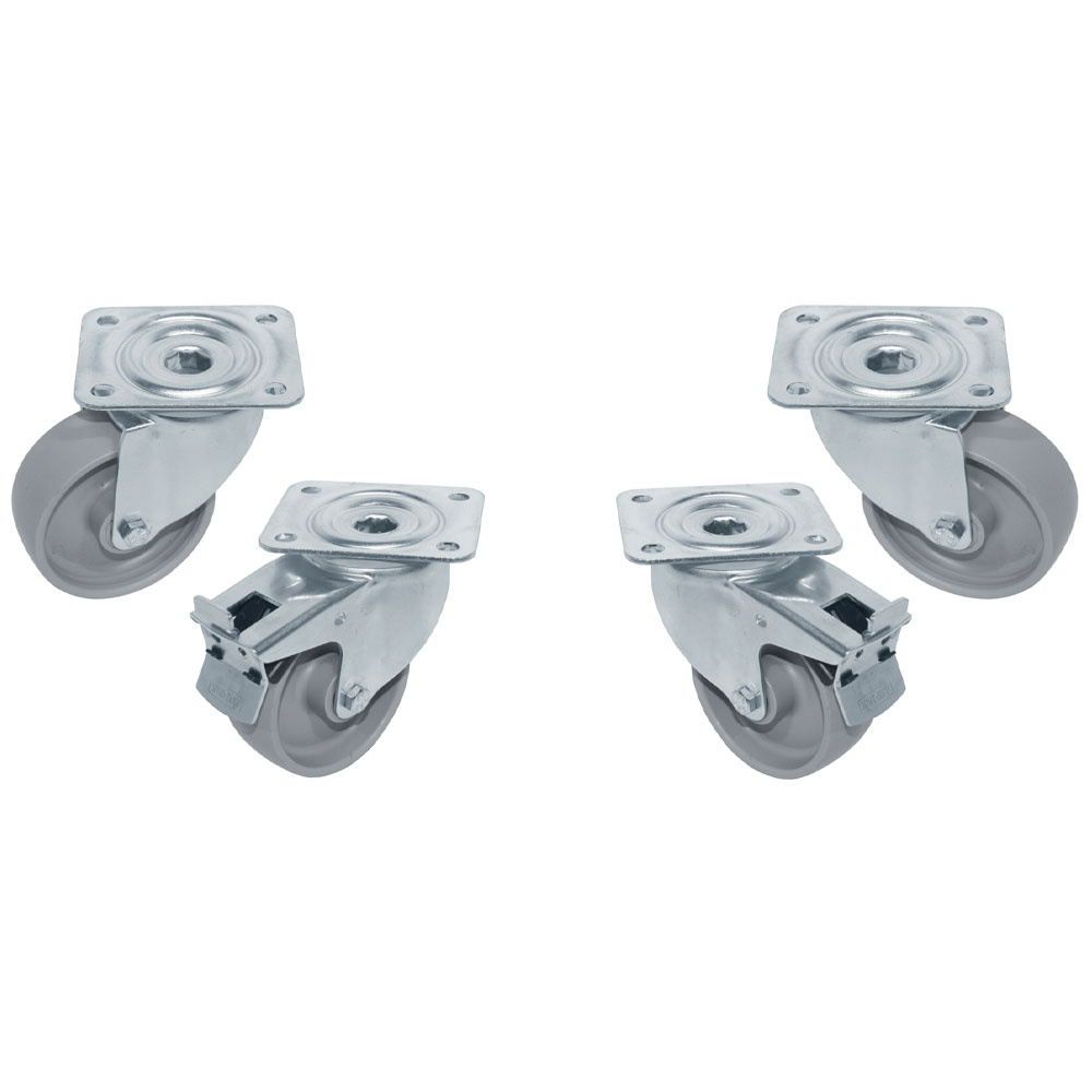 Kit van 4 zwenkwielen Ø100 voor kast, 2 met rem