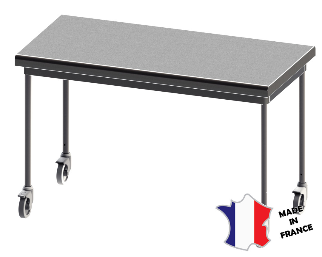 Table demontable rayonnee | Inox | centrale | pieds ronds | 700(l)x700x900mm | sur roulettes inox