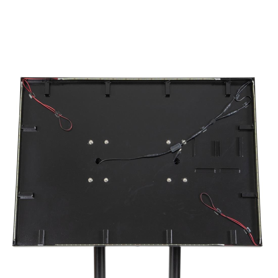 Menükartenhalter mit weissen LEDs aus schwarzem Stahl Securit 8xA4 mit Pfosten und Sockel.