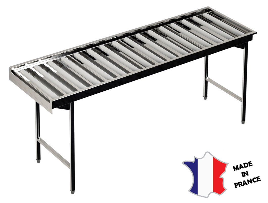 Table Inox Droite à Rouleaux | 2 Pieds Ronds | L-1050 x P-600mm