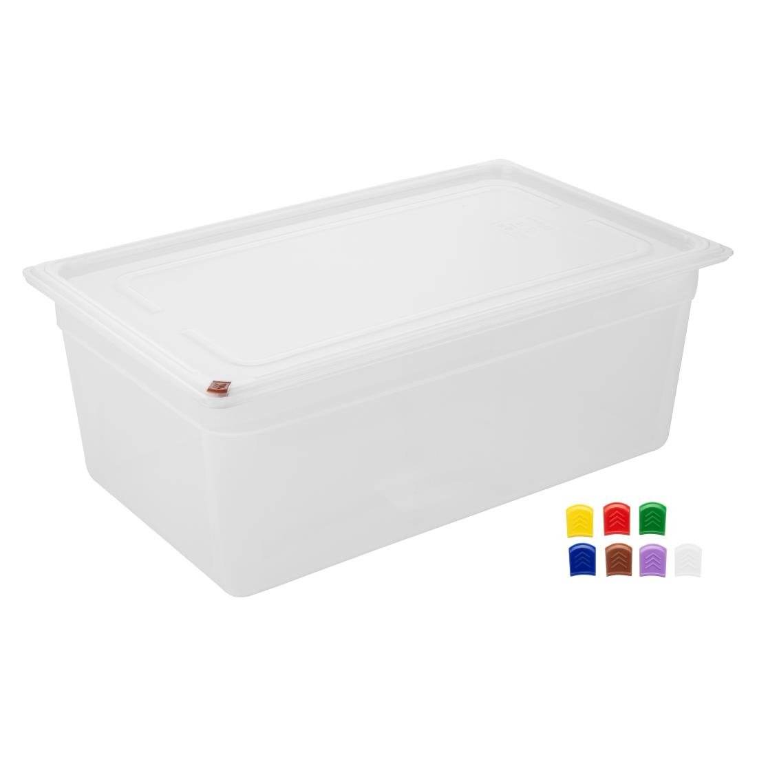 Bacs PP Hygiplas Click GN 1/1 avec couvercles et 7 clips de couleur 200mm 25,6L (lot de 2)