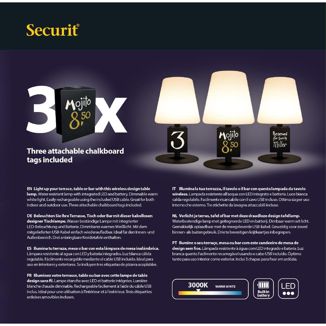 Securit Zwarte tafellamp Michelle incl 3 bevestigbare krijtbordlabels