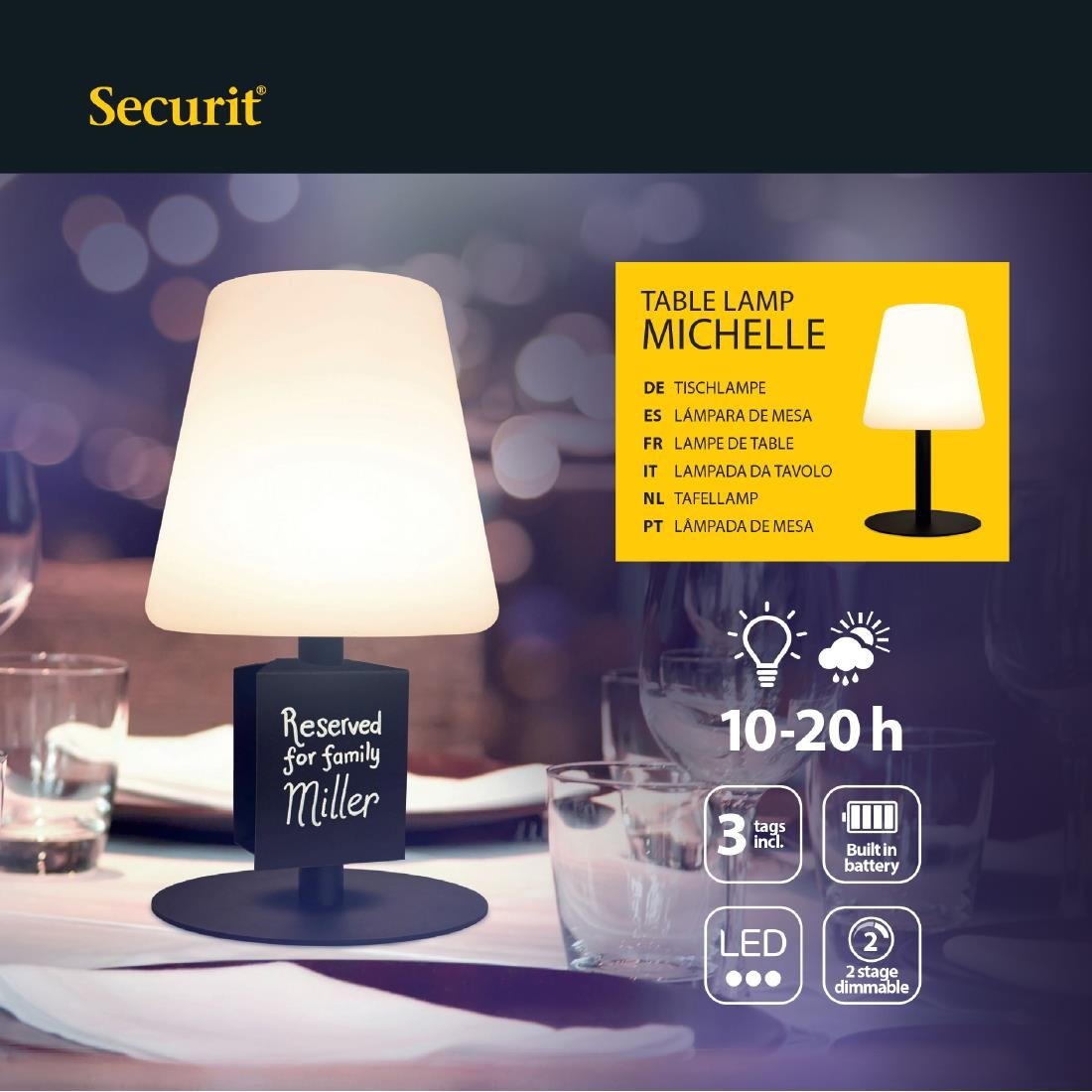 Securit Schwarze Tischleuchte Michelle inkl. 3 ansteckbaren Kreidetafelschildern