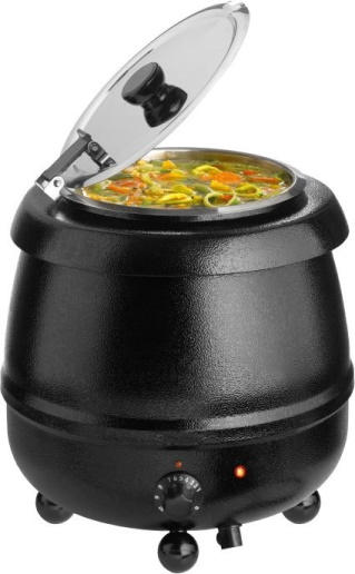 Suppenkessel mit Drehregler und geöffneter Haube, gefüllt mit Suppe