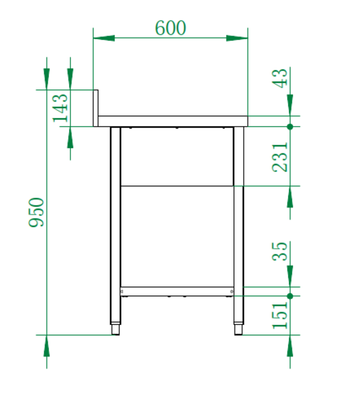 Spültisch Basic 16x6 mit 2 Becken links, Aufkantung und Grundboden