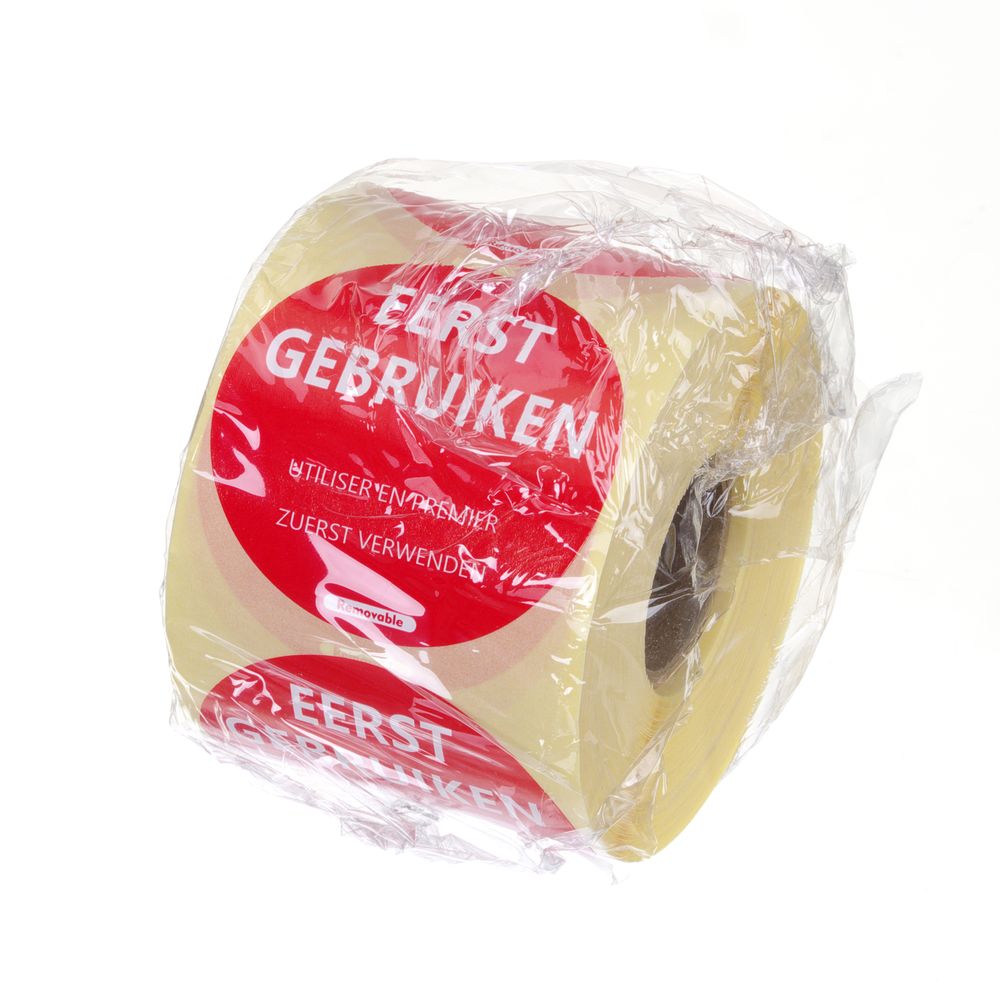 Lebensmittelsicherheit-Aufkleber - leicht entfernbar - „USE FIRST“ (Zuerst verwenden) - Rot - 500 Stk. - Ø50mm NL,FR,DE