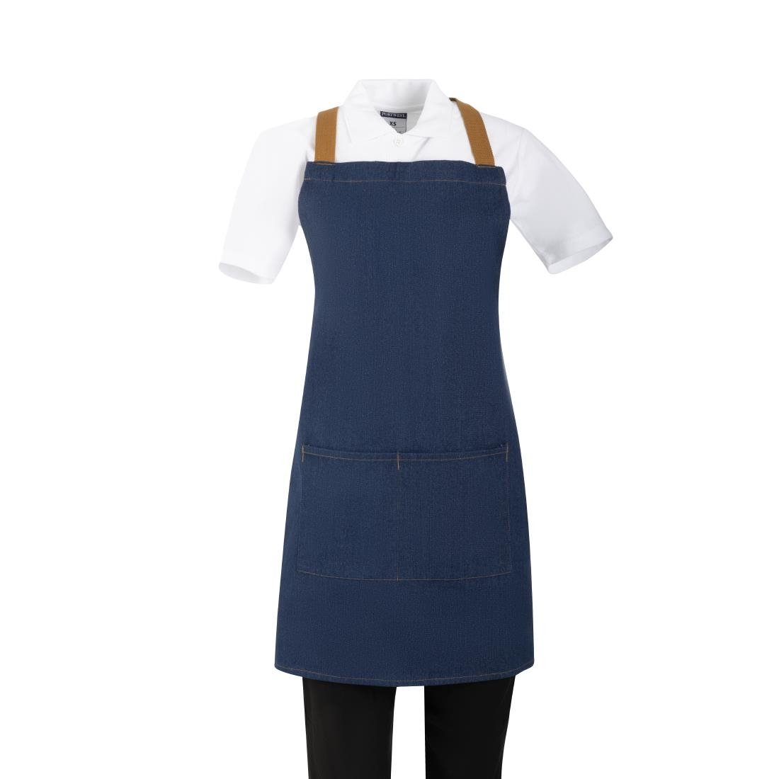 Southside Schürze in kurzer Länge mit X-Rücken Denim Blau mit Tan-Trägern Southside Schürze in kurzer Länge mit X-Rücken Denim Blau mit Tan-Trägern
