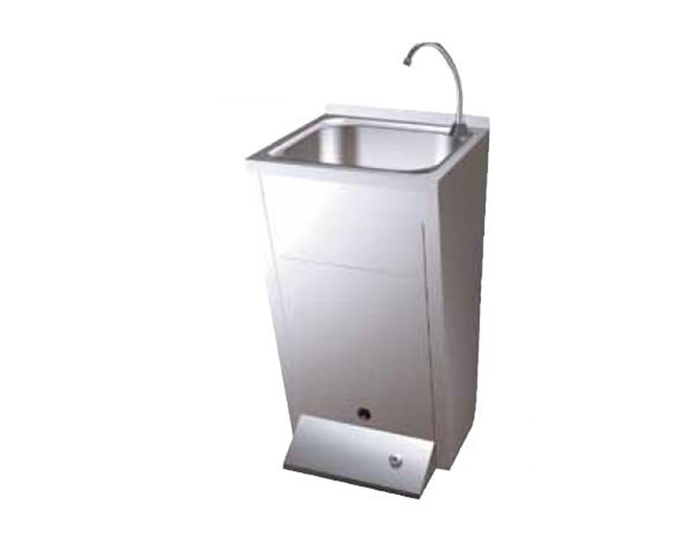 Edelstahl Handwaschbecken | Fußbedienung | mit Abfallbehälter | Premix Warm/Kalt | 450x450x(h)900mm