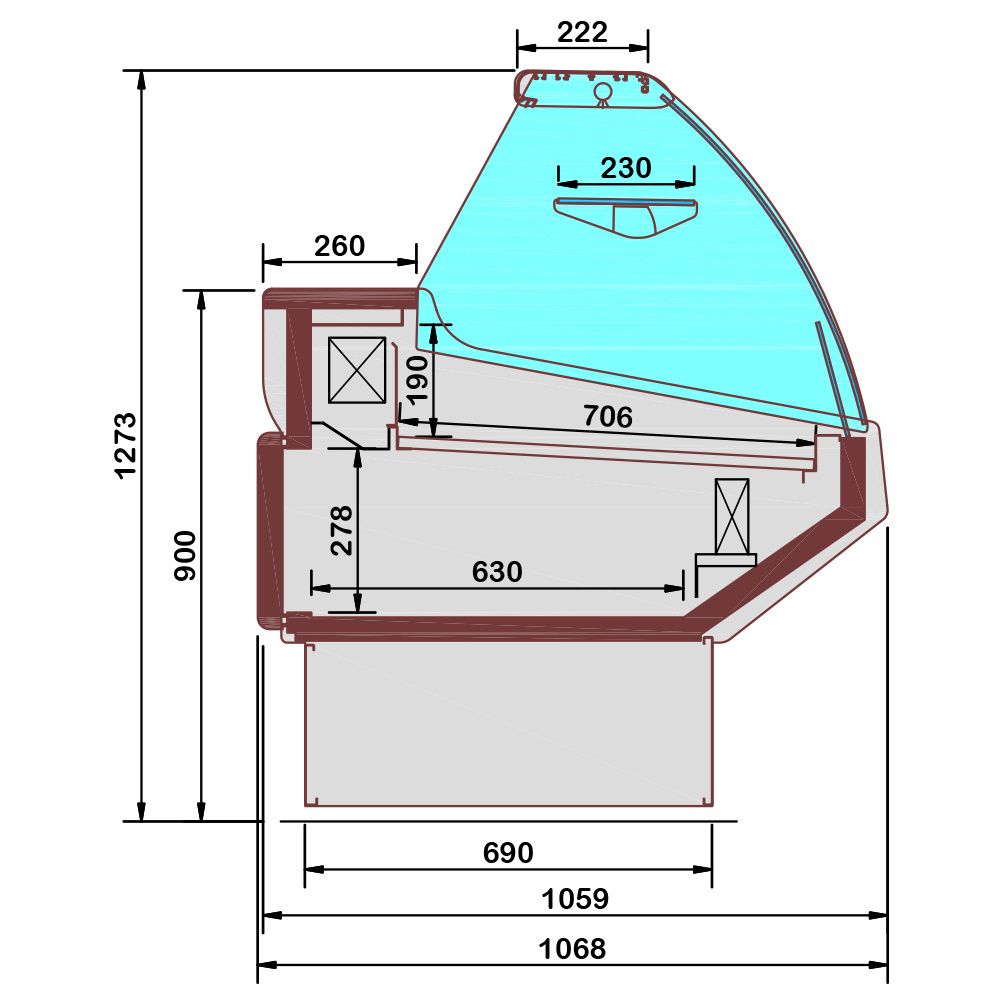 Statischer Verkaufstheke mit Stauraum, gewölbtes Glas - WEISSE Front