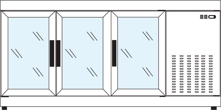 Konditorei Vitrine  Barcounter | Front und Hinterseite Glas | Edelstahl | 3 Glastüren | +10°/-5°C | 178x55x(h)88,5cm
