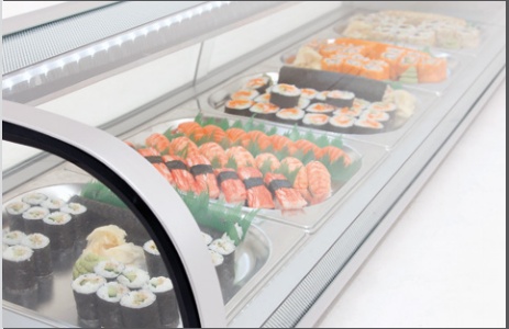 Sushi Vitrine | Zilverkleurig Kunststof | Glazen Schuifdeuren | 5 x 1/2 GN | 1800x425x(H)295mm