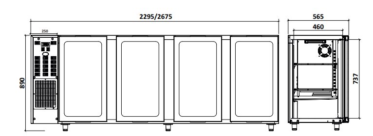Barkoelkast 4 Glazen Deuren | 783Liter | 267.5x56.5x(H)89/90.5cm