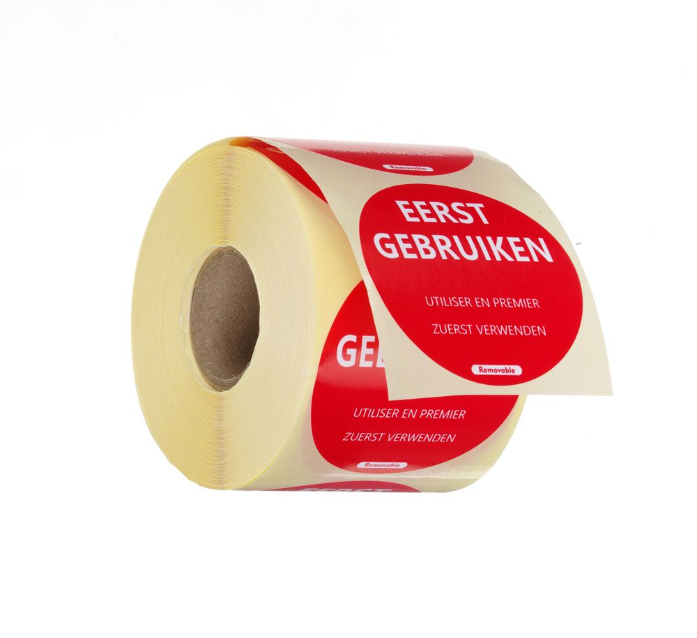 Lebensmittelsicherheit-Aufkleber - leicht entfernbar - „USE FIRST“ (Zuerst verwenden) - Rot - 500 Stk. - Ø50mm NL,FR,DE