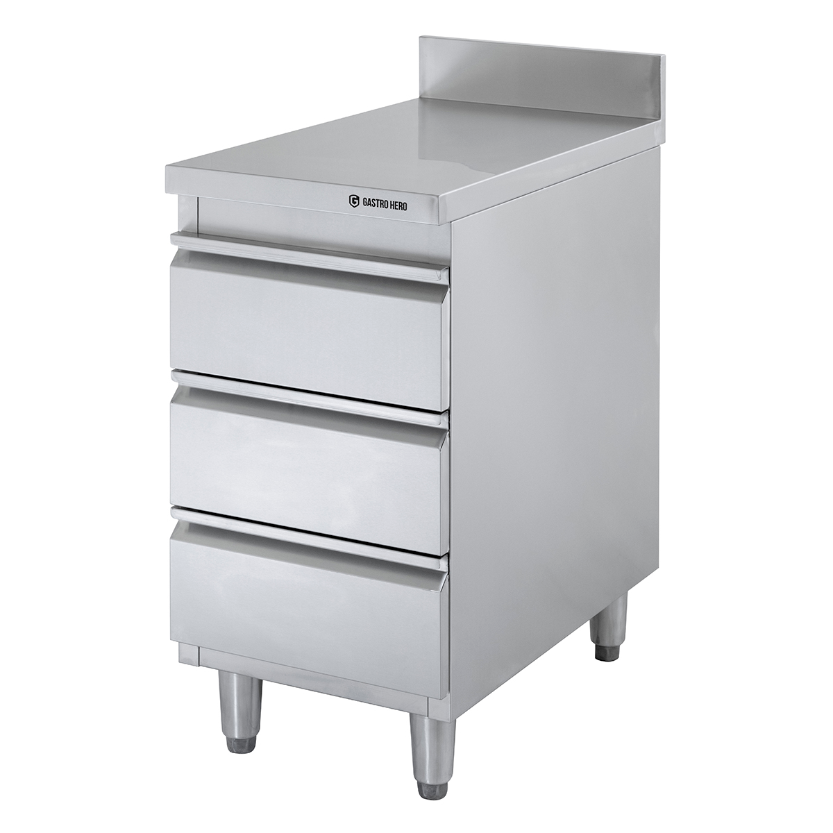 Meuble à tiroirs en inox BASIC, 3 tiroirs, unité 600 avec dosseret, AISI 201