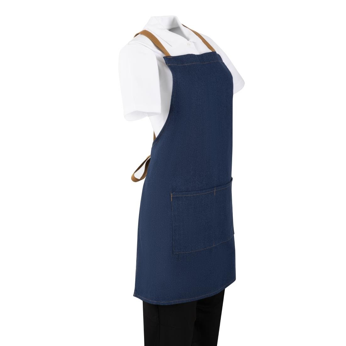 Southside Schürze in kurzer Länge mit X-Rücken Denim Blau mit Tan-Trägern Southside Schürze in kurzer Länge mit X-Rücken Denim Blau mit Tan-Trägern