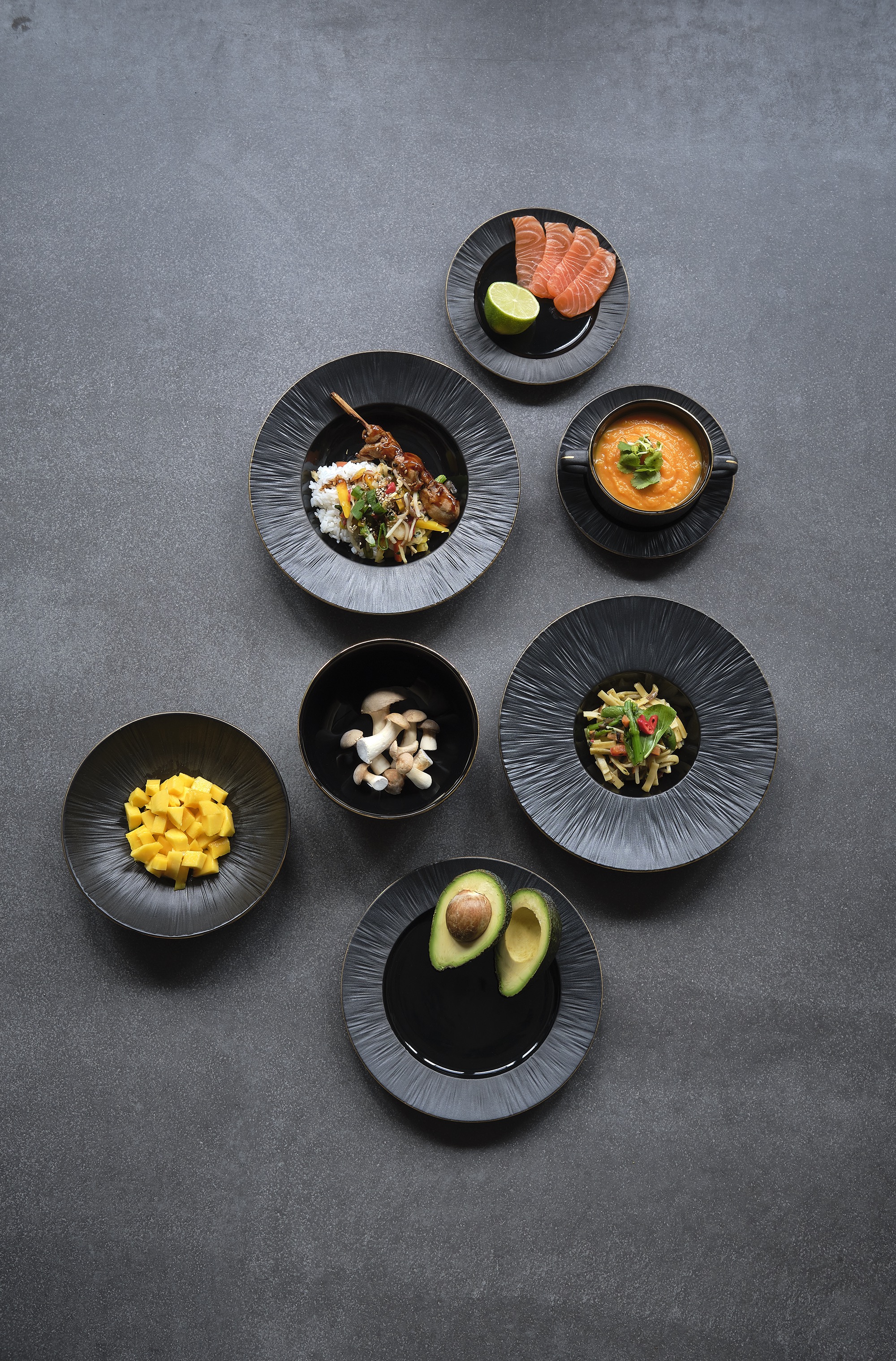 Schaalset MAYA KURO, diep, Ø 15 cm, 750 ml, zwart, Set van 4 stuks, porselein