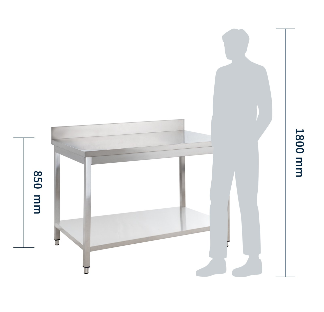 Table de travail en inox Basique 12x6 avec étagère inférieure et dosseret, à monter soi-même