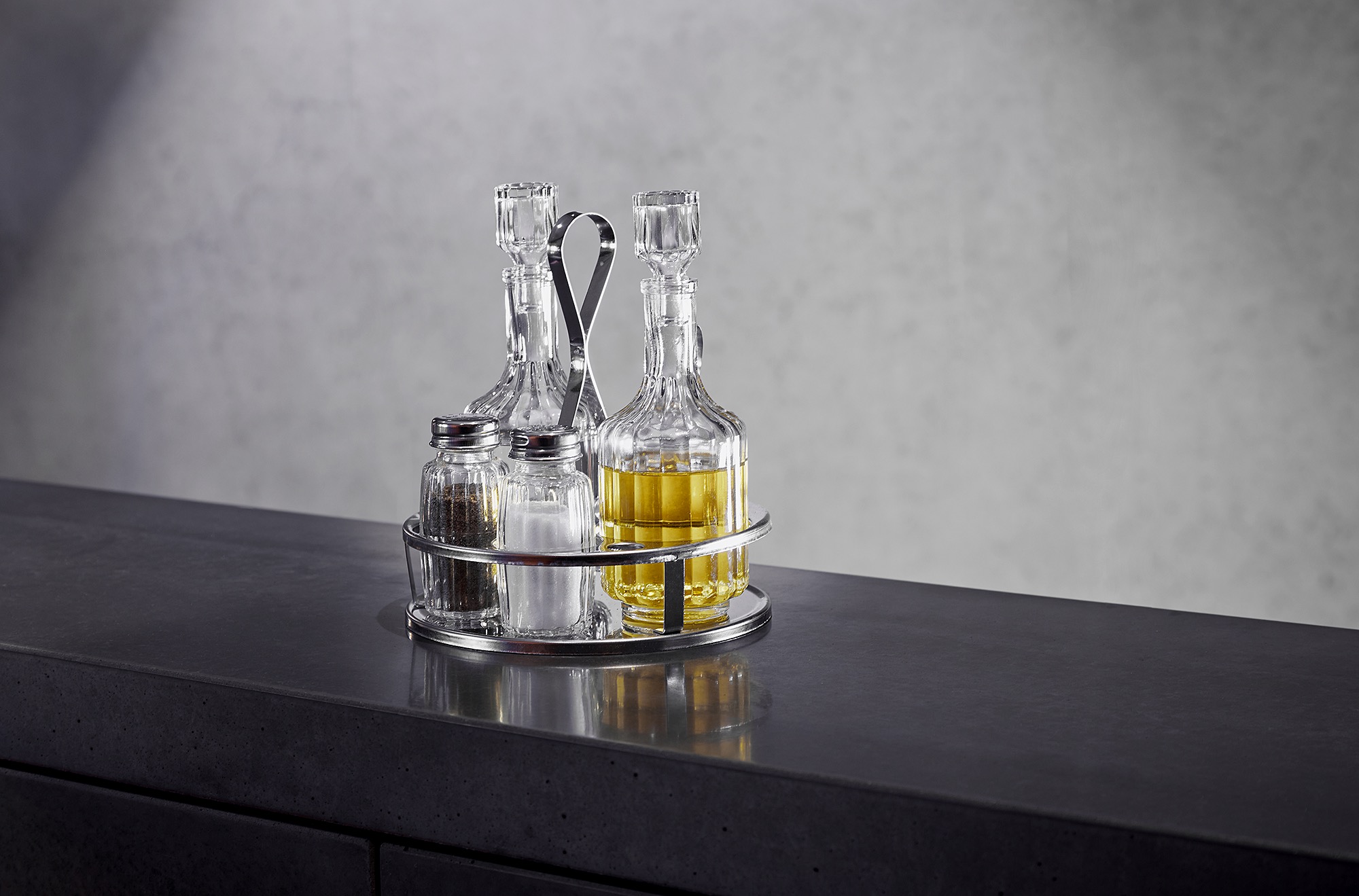 Menage 5-teilig MENAGE 1480, Essig & Öl, Salz & Pfeffer, Senfglas, Höhe 17 cm, Edelstahl, Glas