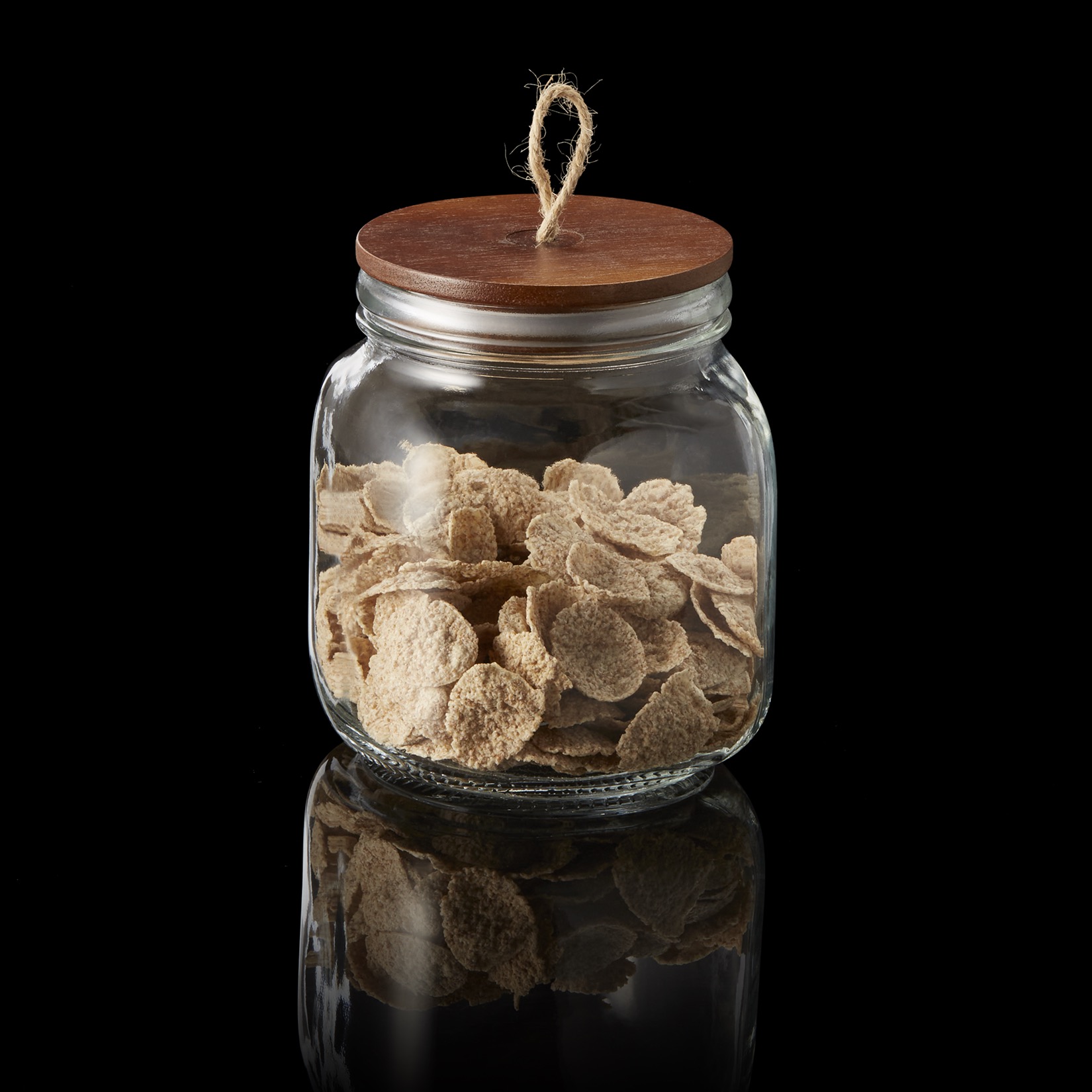 Voorraadpot met deksel van acaciahout en touw, 1 liter, Ø 9 cm, hoogte 15 cm, glas, acaciahout