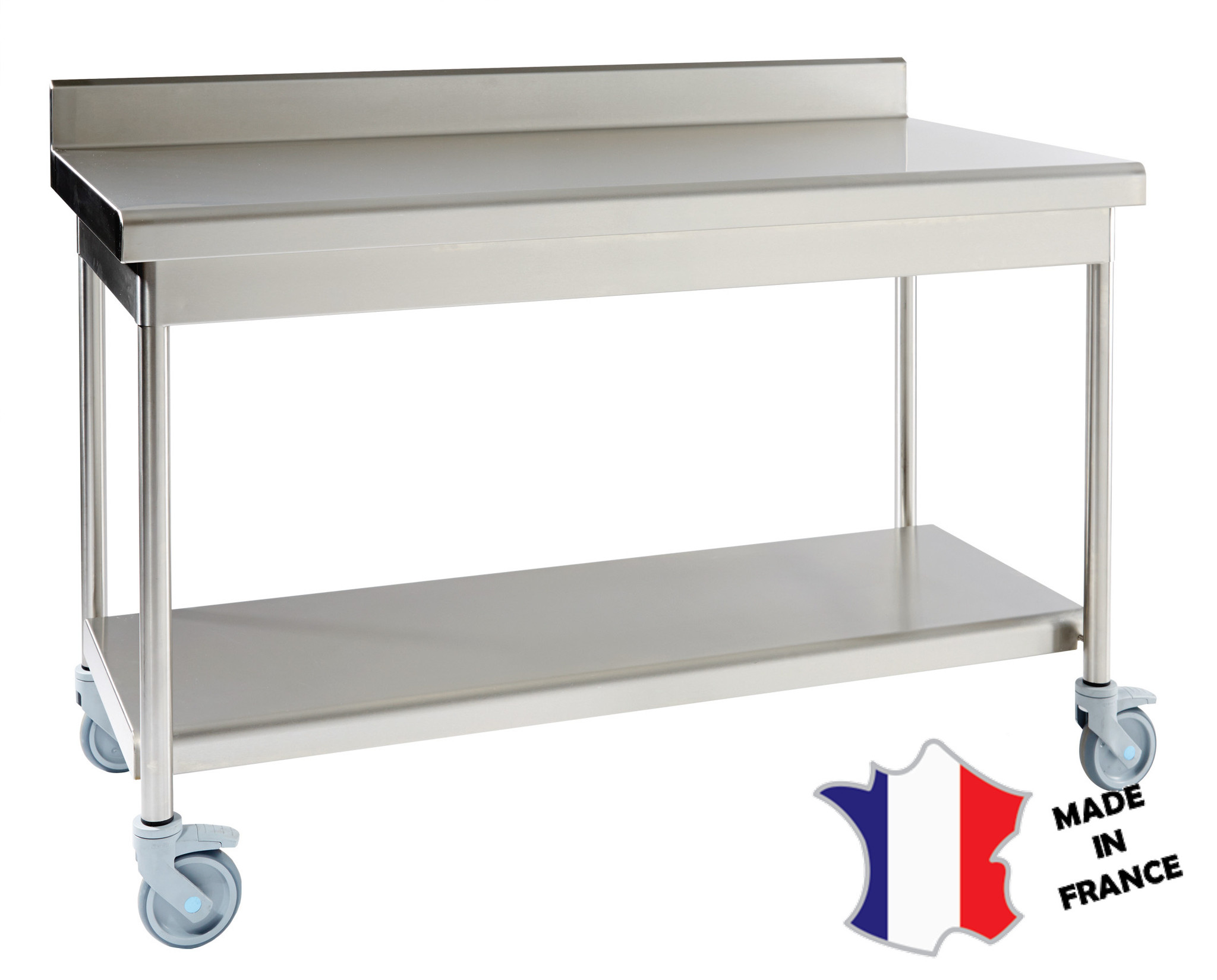 Table démontable rayonnee | Inox | à dosseret | avec étagère basse | pieds ronds | 600(l)x600x900mm | sur roulettes inox