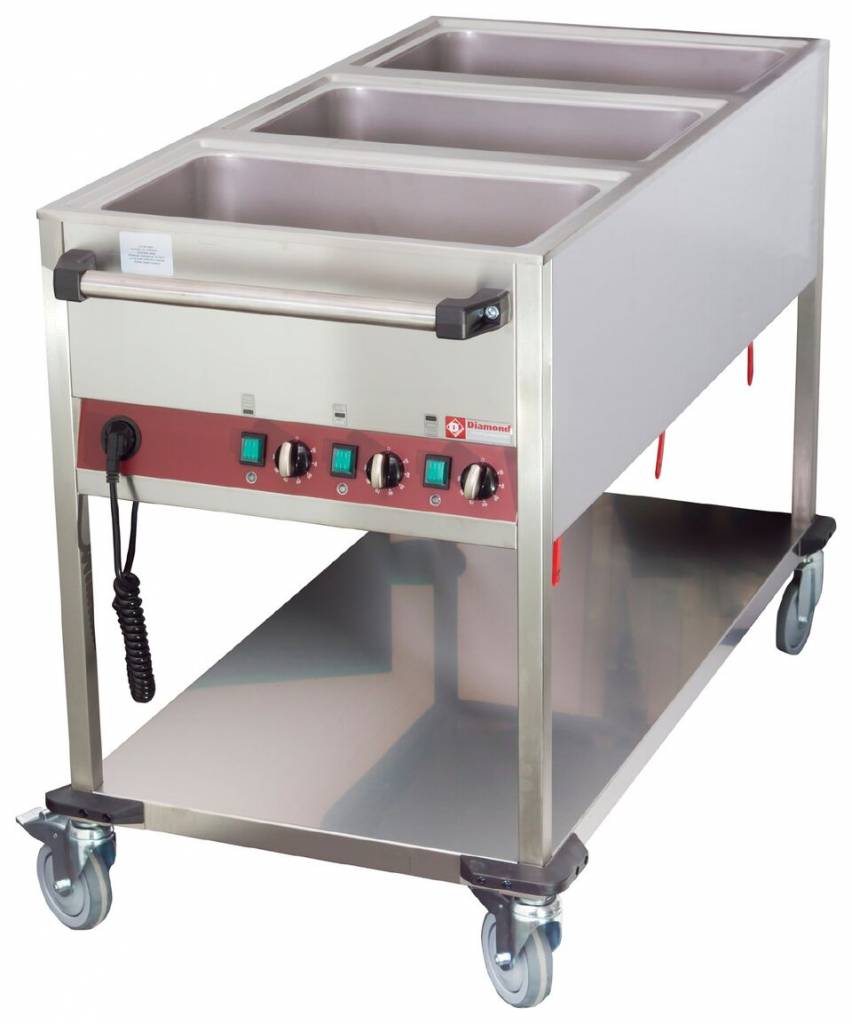 Bain-Marie Trolley - 3 x 1/1GN - 200mm Diep - Afzonderlijk instelbaar - 1300x650x(h)900mm