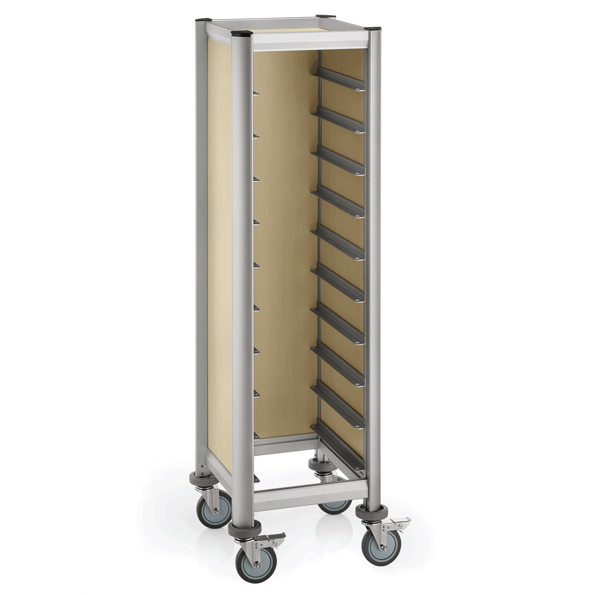 Dienbladwagen SINGLE MENSA, voor 10 dienbladen, beige, 51,5 x 47,5 x 165 cm, MDF houtlook/aluminium