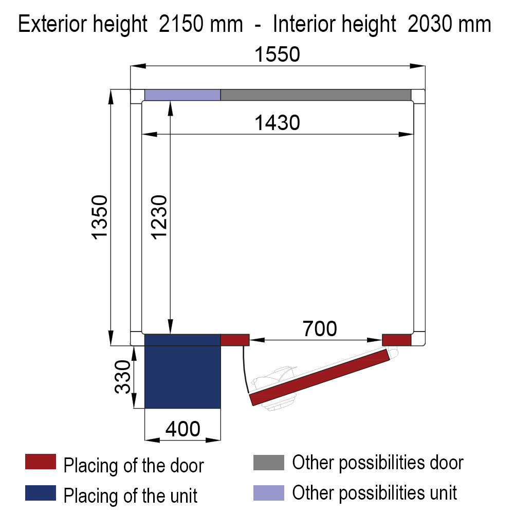 Kamer ISO 60 met groep, afm. int. 1430 x 1230 xh 2030 mm (4,07 m³ )