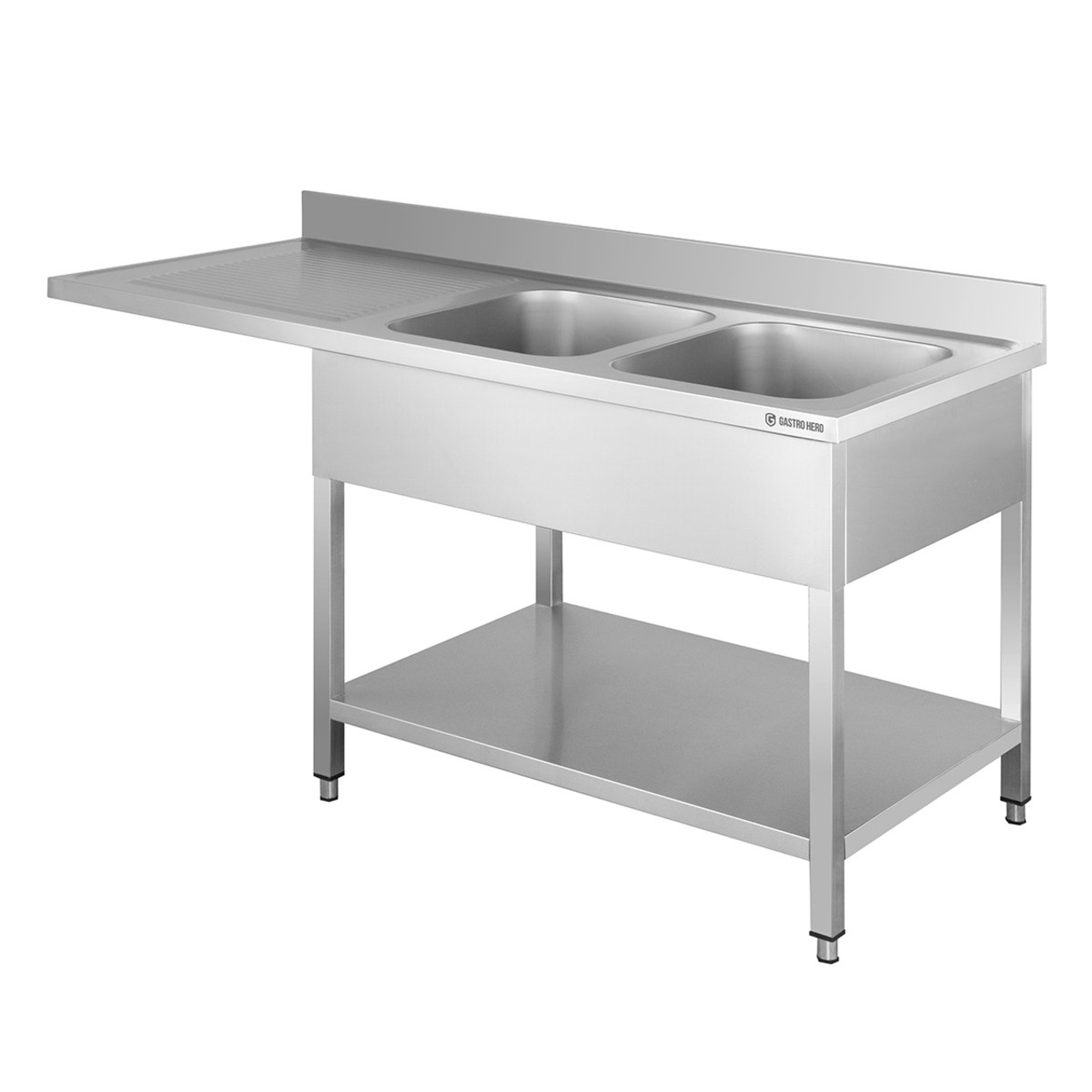 Centre de plonge Basic 16x7 avec 2 cuves à droite, dosseret et étagère inférieure