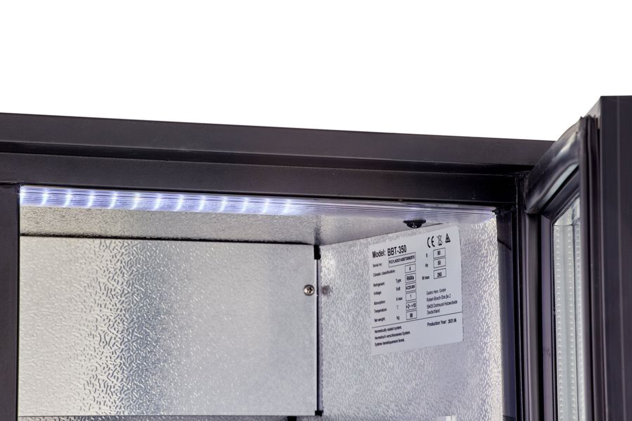 Armoire à boissons ECO 350 noire avec portes battantes, éclairage LED, encastrable sous plan de travail