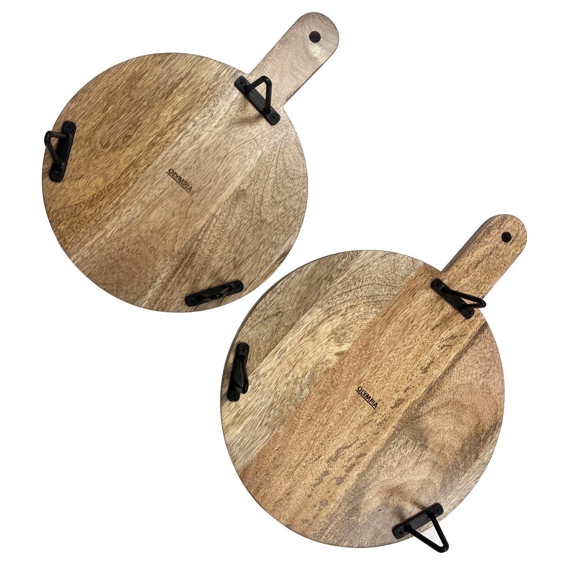 Support de présentation rond avec poignée en bois de manguier avec pieds en métal Olympia 400x300x80mm Support de présentation rond avec poignée en bois de manguier avec pieds en métal Olympia 400x300x80mm