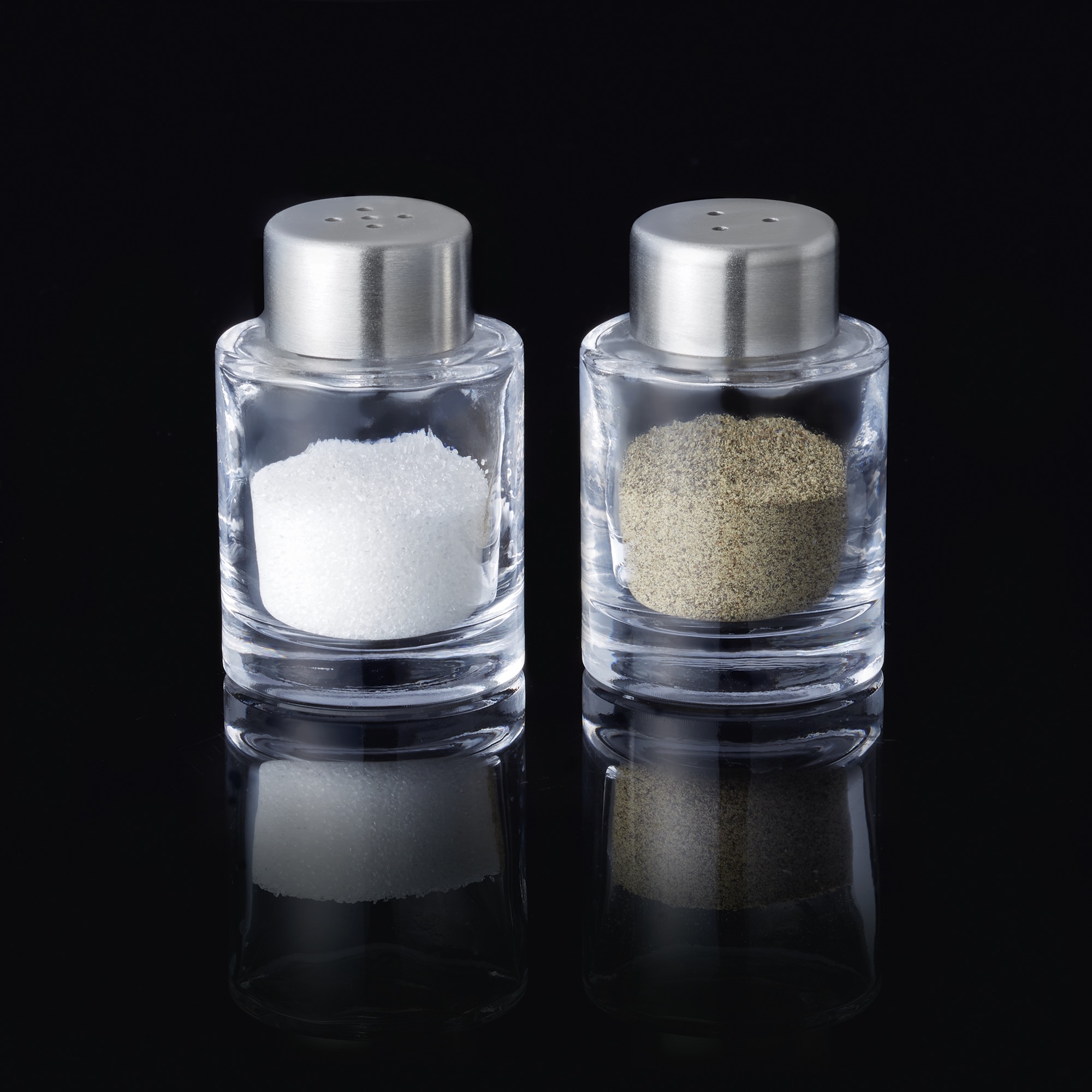 Mini ensemble de salières et poivrières, diamètre 4 cm, hauteur 6 cm, acier inoxydable 18/8, verre