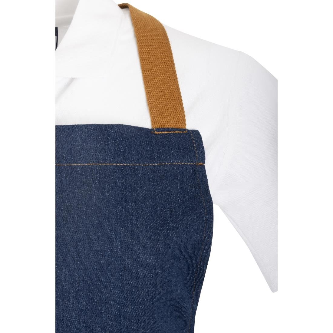 Southside Schürze in kurzer Länge mit X-Rücken Denim Blau mit Tan-Trägern Southside Schürze in kurzer Länge mit X-Rücken Denim Blau mit Tan-Trägern